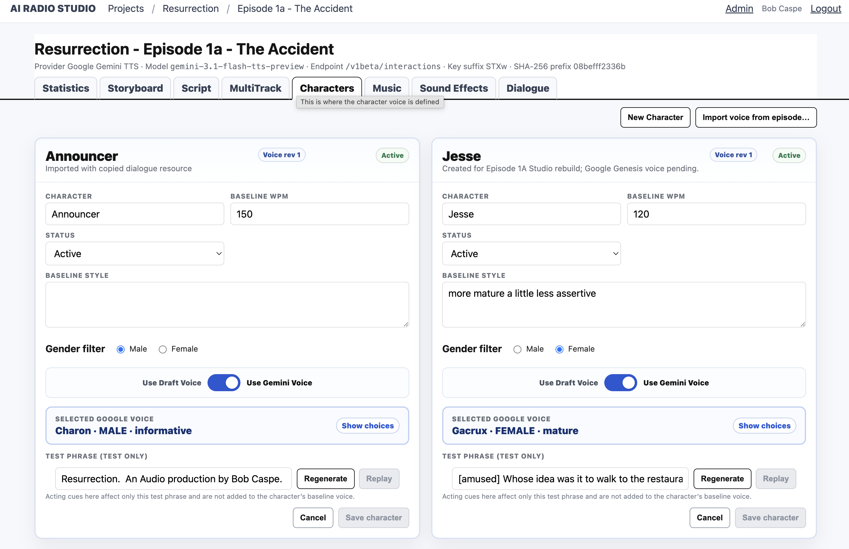 Character voice setup screenshot